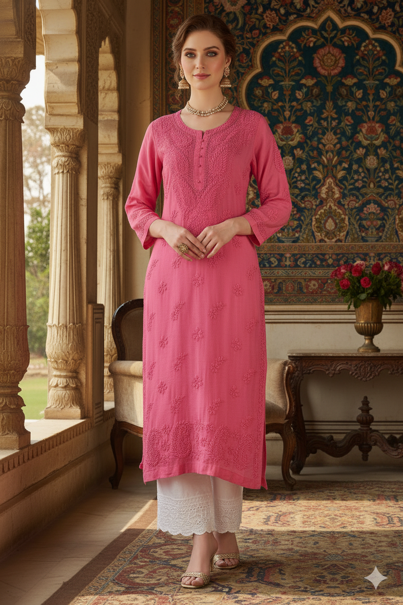 Silakaari Pure Muslin Heavy Self Theard Long Lucknowi Premium Kurti Palazzo Set