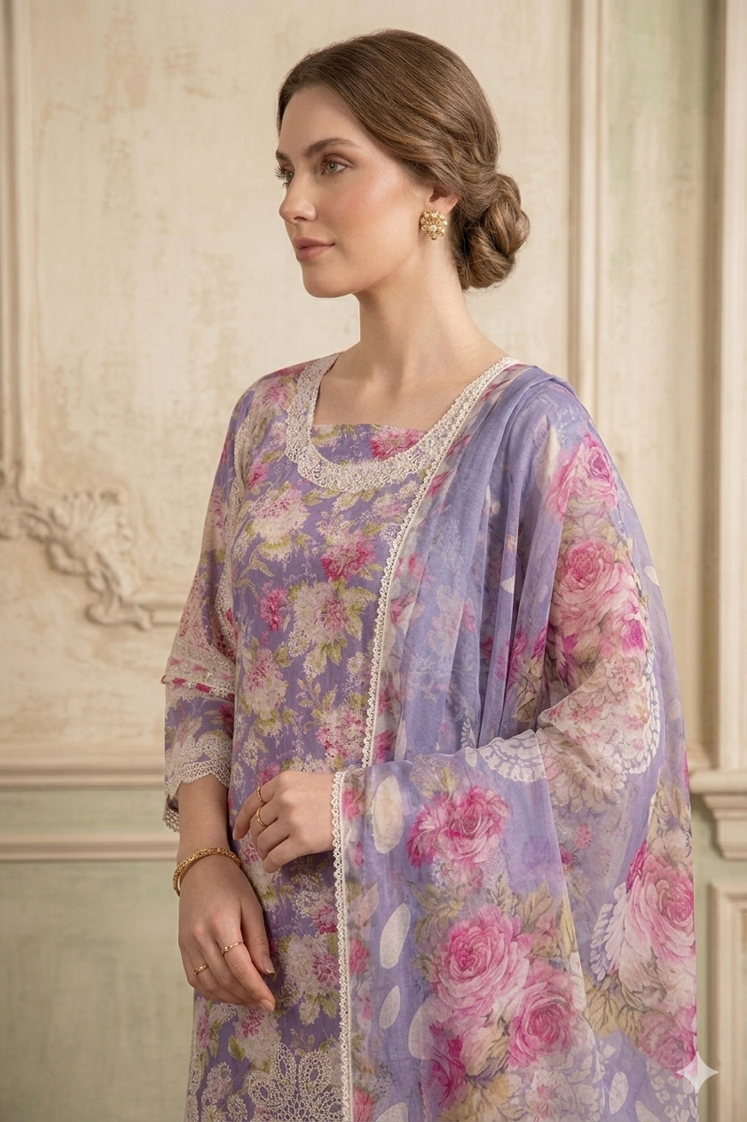 Silakaari Faraham Purple Pure Lawn Lacy Chikan Organza Patch Kurti With Semi-Palazzo Pakistani Ready-Made Dress