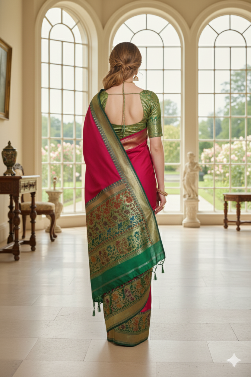 Silakaari Women's Bright Pink-Green Pure Silk Zari Banarasi Saree