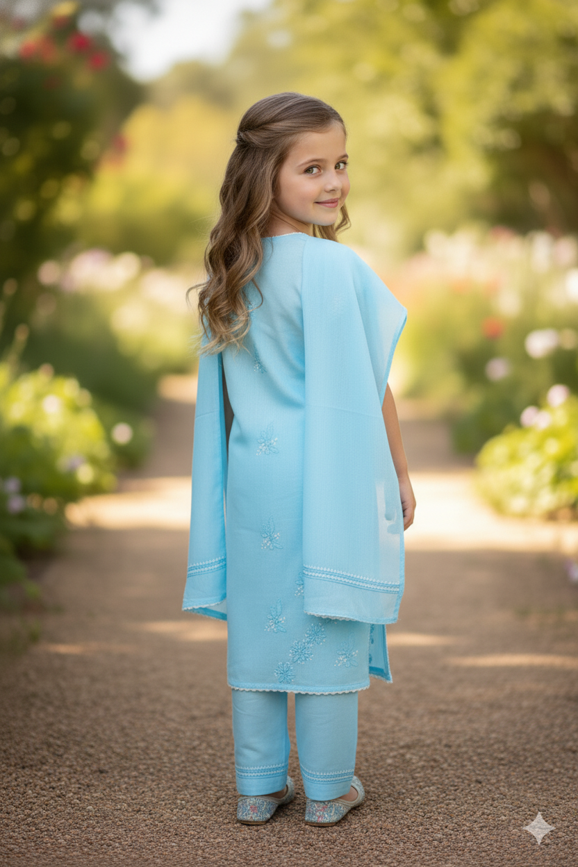 Silakaari Shifa Blue-White Pure Cotton Lucknowi ChikanKari Kurti Pant With Dupatta Set For Girls