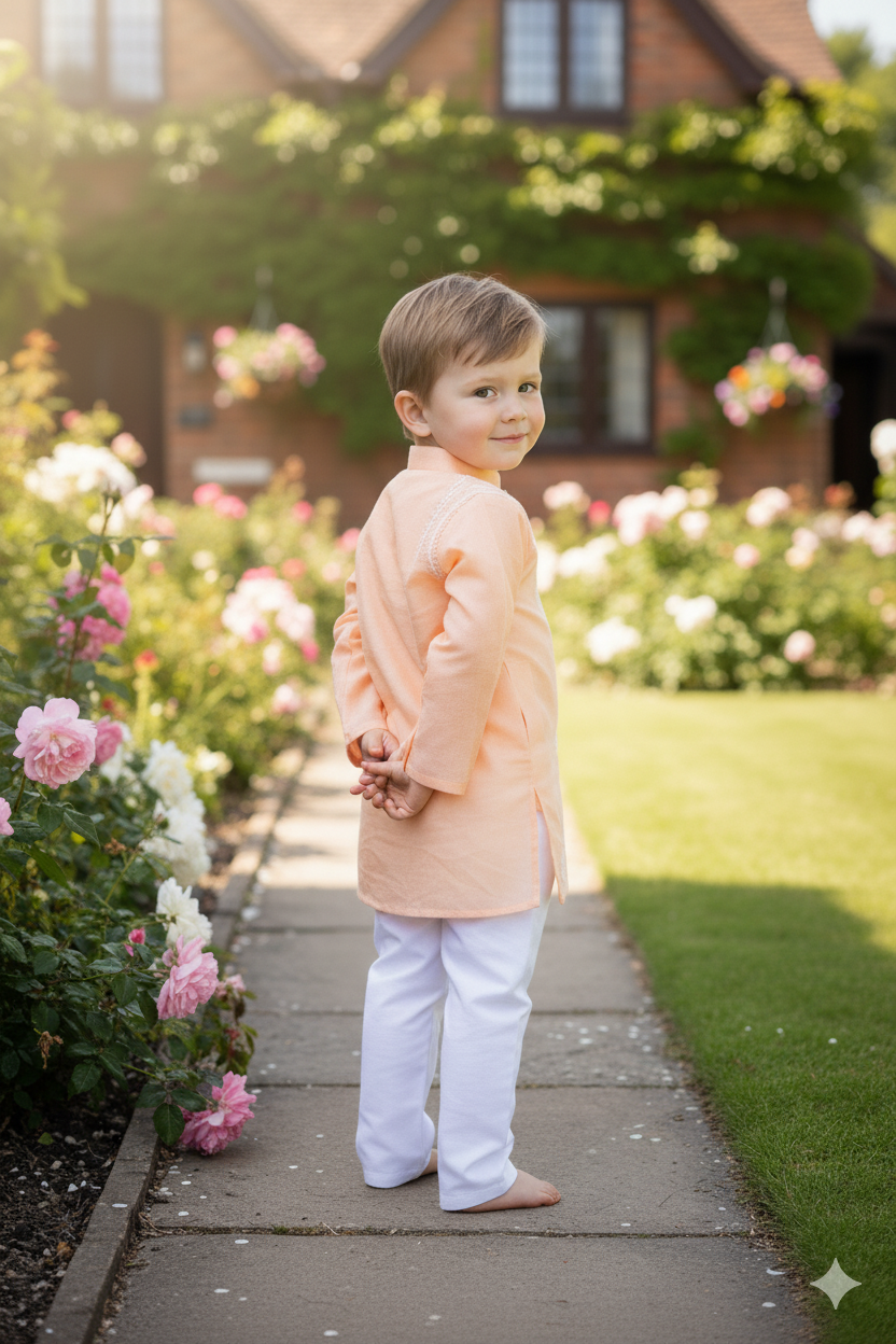 Silakaari Kabir Peach-White Pure Lucknowi Chikankari Kurta Pyjama Set For Boys