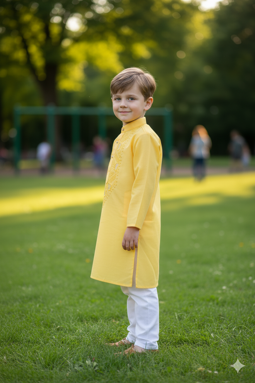 Silakaari Kids Bright Yellow Lucknowi Pure Cotton Kurta pajama Set For Boys