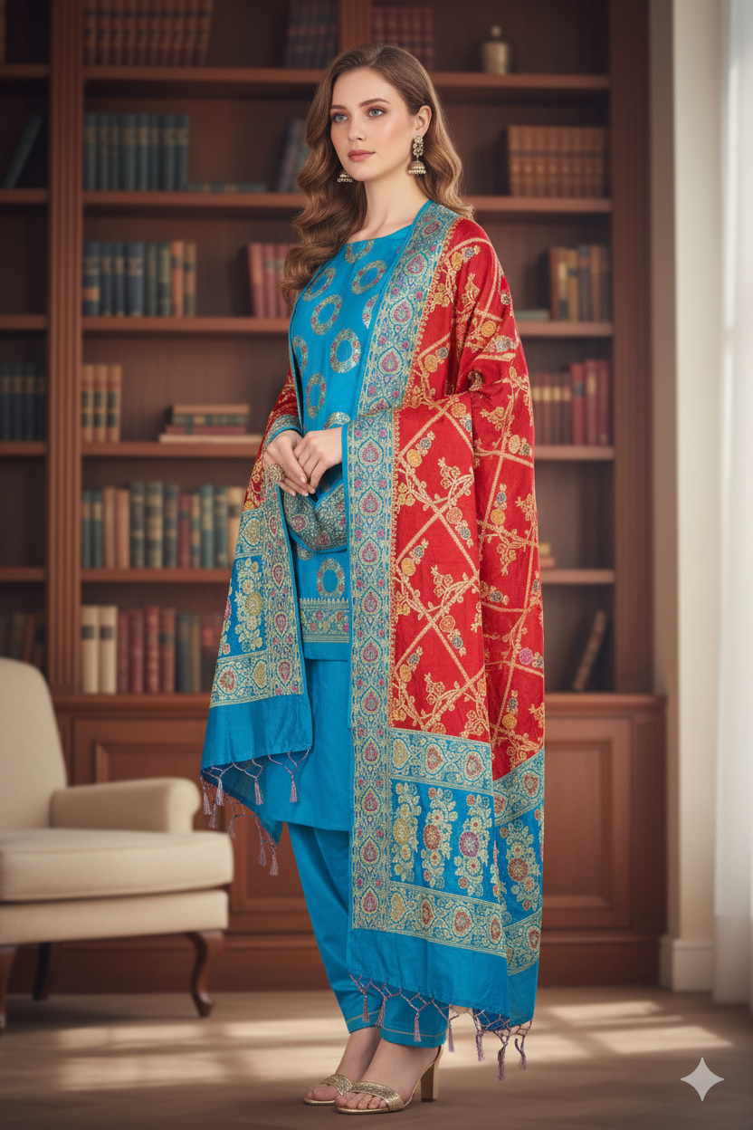 Silakaari Khoobsurat Blue-Red Pure Banarasi Katan Silk unstitch Salwar Suit