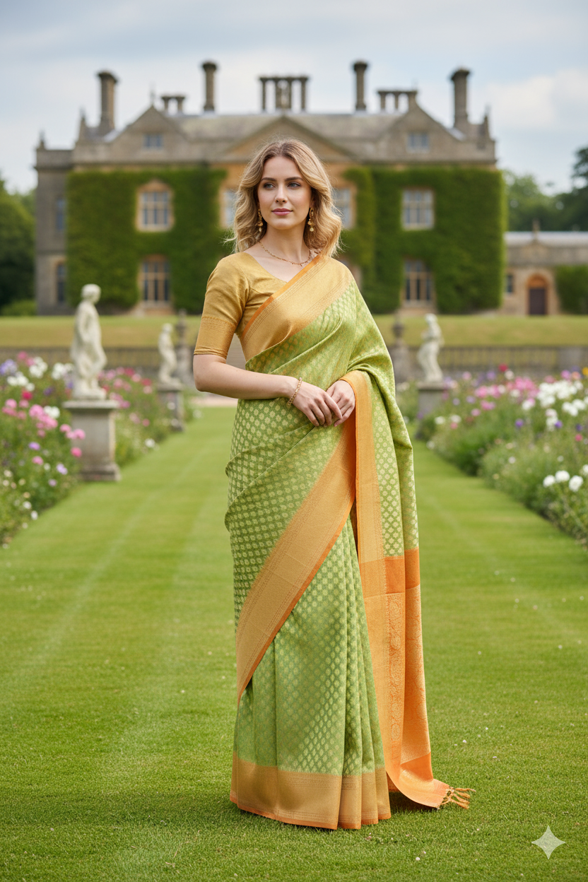 Silakaari Women's Green-Yellow Zari Banarasi saree