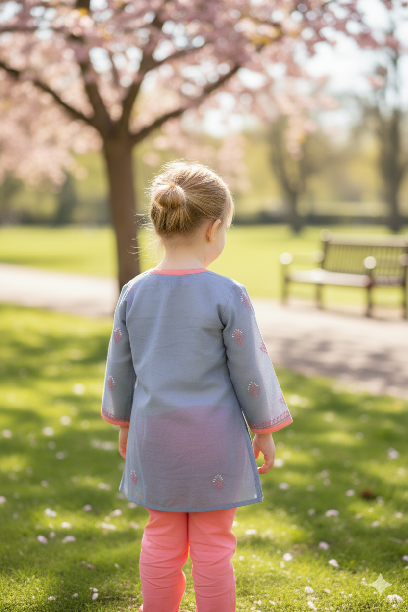Silakaari Anam Grey-Pink Pure Cotton Lucknowi ChikanKari Kurti Pant Set For Girls