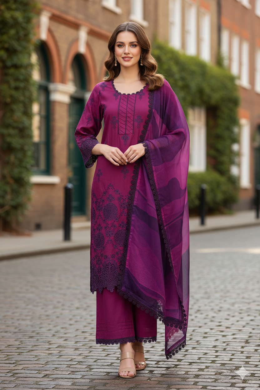 Silakaari Ehsaas Magenta Heavy Lacy Pure Lawn Sequin Embroidery Ready-Made Dress