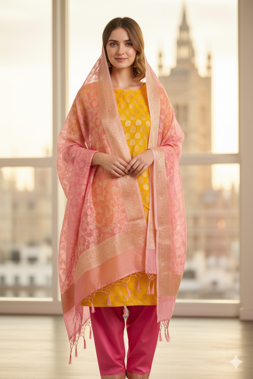 Silakaari Banarasi Zari Brocade Unstitched Suit Set Yellow-Pink With Banarasi Dupatta