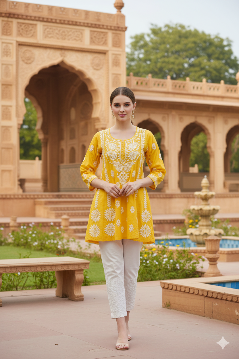 Silakaari Pure Viscose Yellow Shaded Heavy Lucknowi Aline Kurti With Pant Set