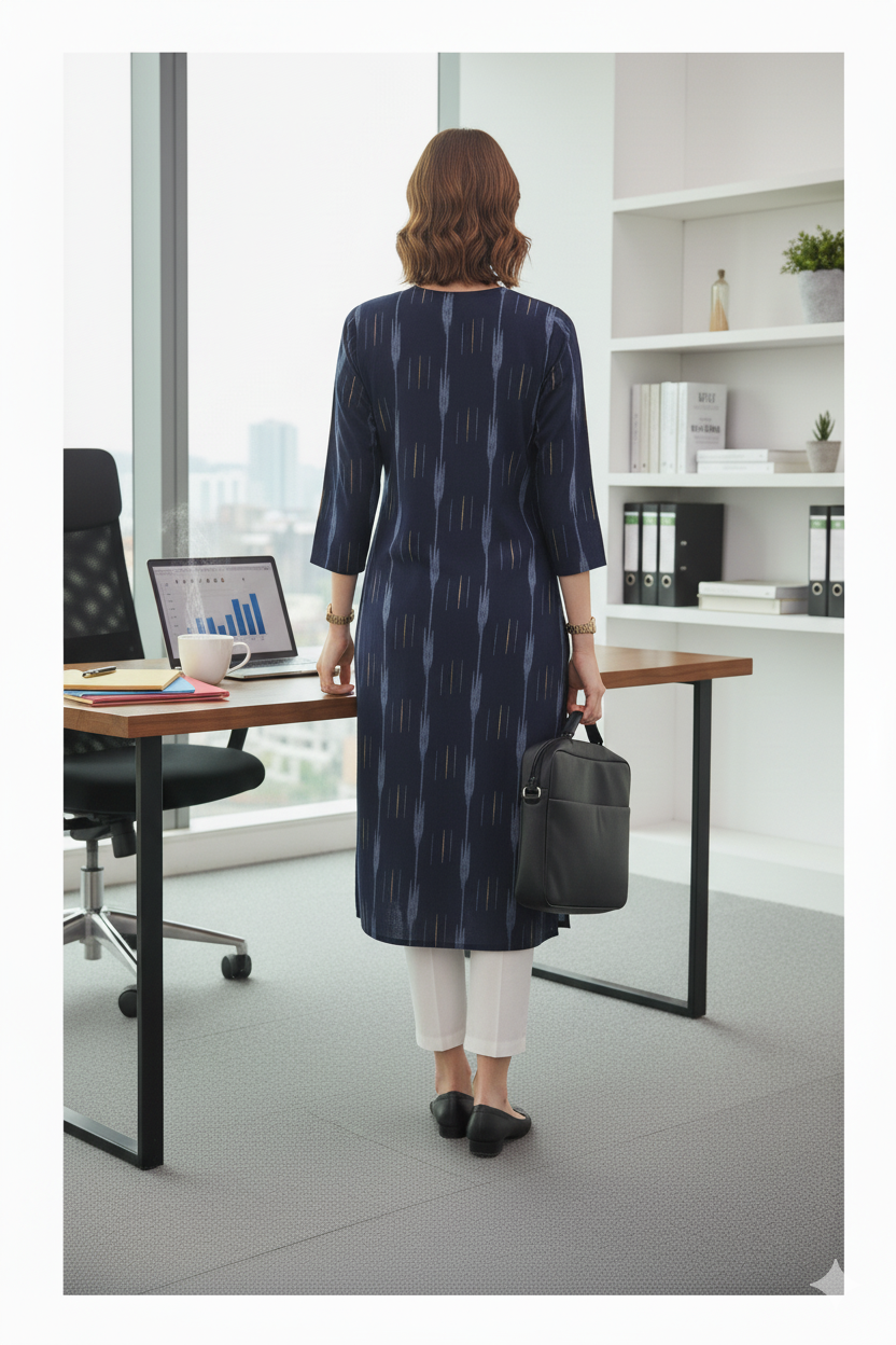 Silakaari Yalina Navy Blue Printed Hand Embroidery Long Kurti