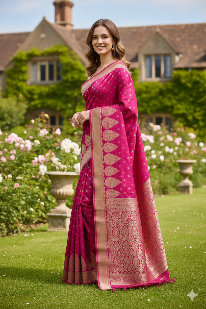 Silakaari Azmaish Hot Pink-Gold Tone Woven Silk Banarasi Saree