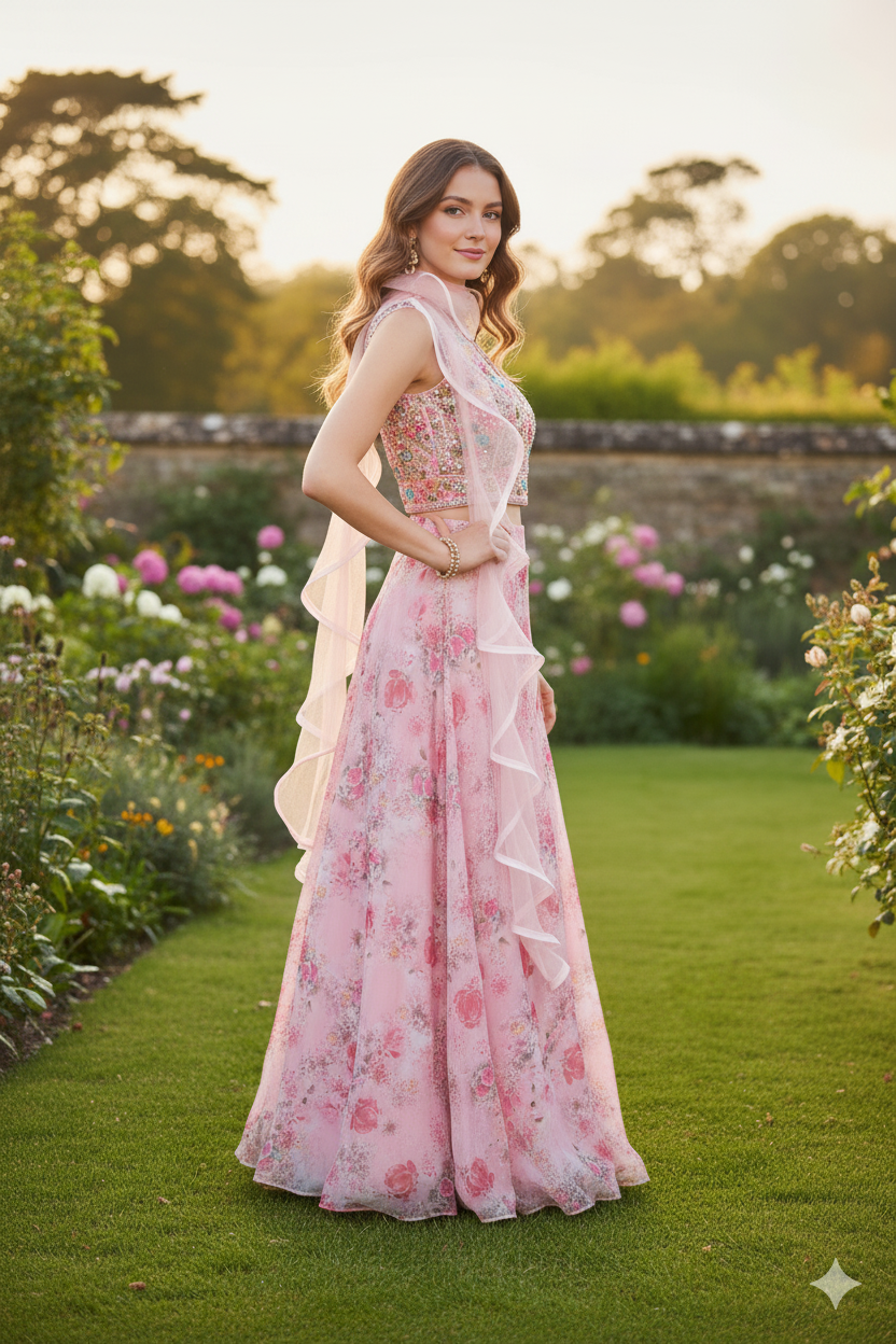 Silakaari Pink Organza Rose Floral Party Wear Lehenga Sharara set