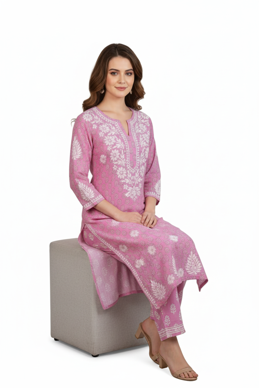 Silakaari Women's Pure Cotton Printed Lucknowi Kurti Pant Premium Set