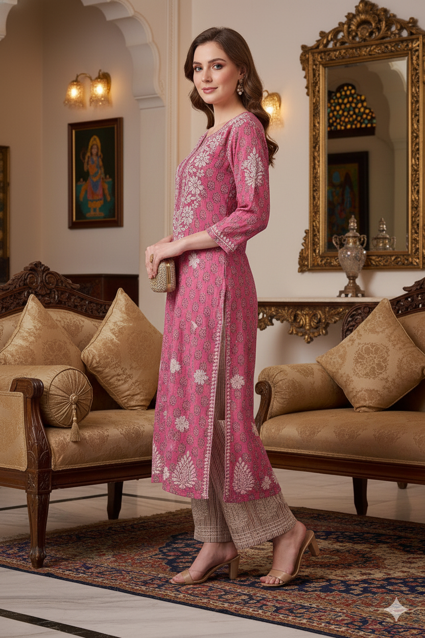 Silakaari Women's Pure Cotton Printed Lucknowi Kurti Pant Premium Set