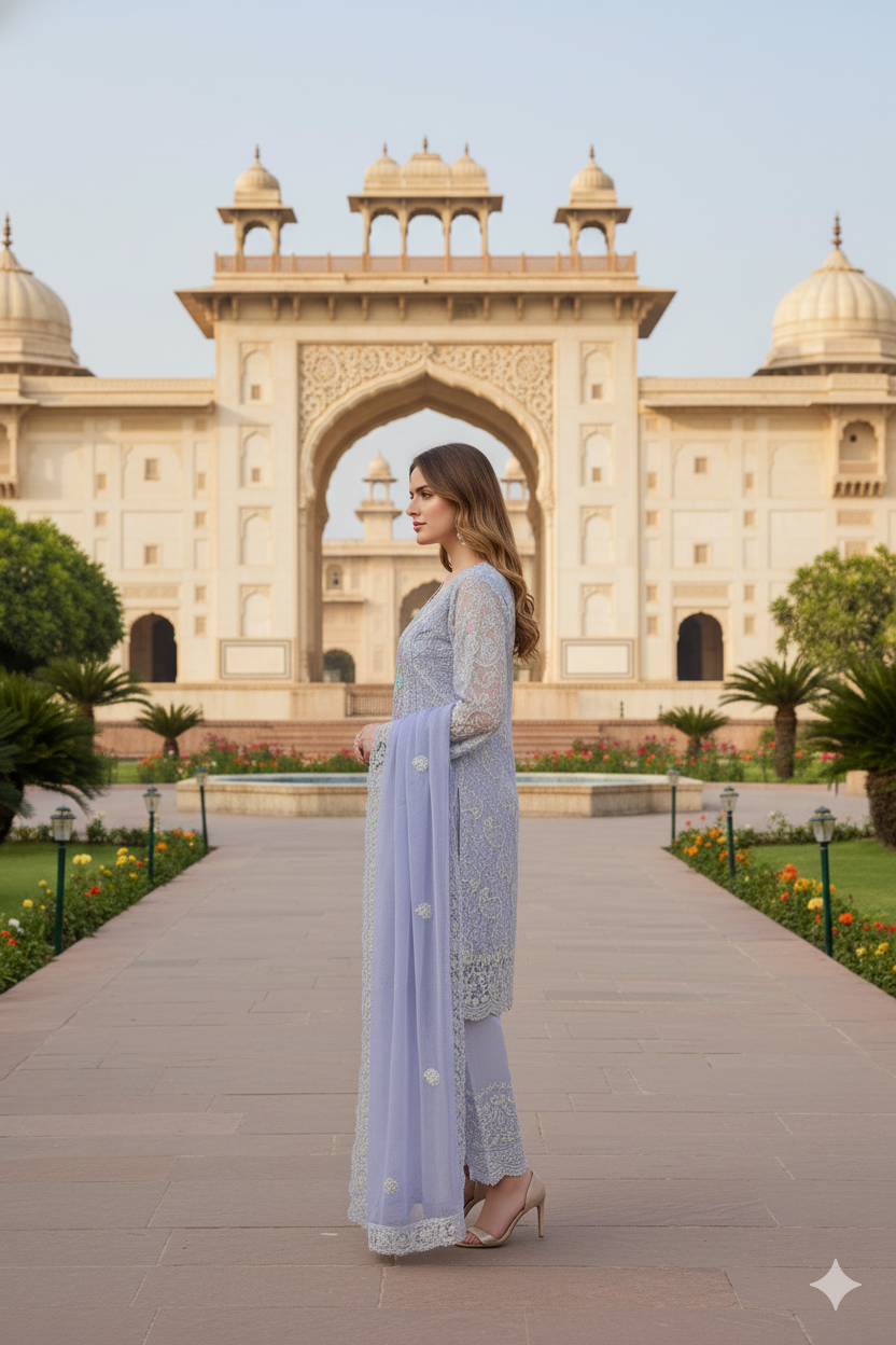 Silakaari Pashmina Parsi Work Pure Georgette Chikankari Premium Unstitched Dress Material