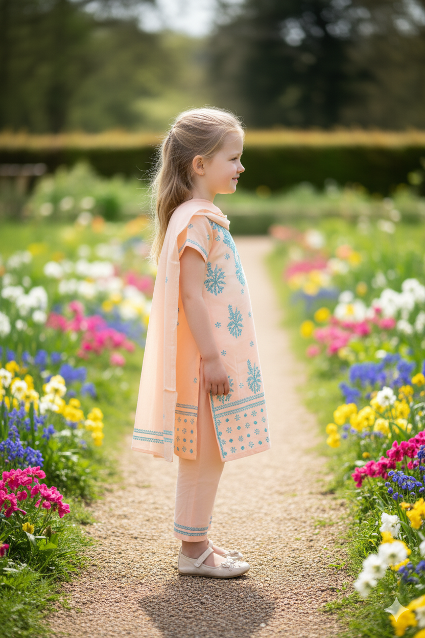 Silakaari Cyna Peach-Green Pure Cotton Lucknowi ChikanKari Kurti Pant With Dupatta Set For Girls