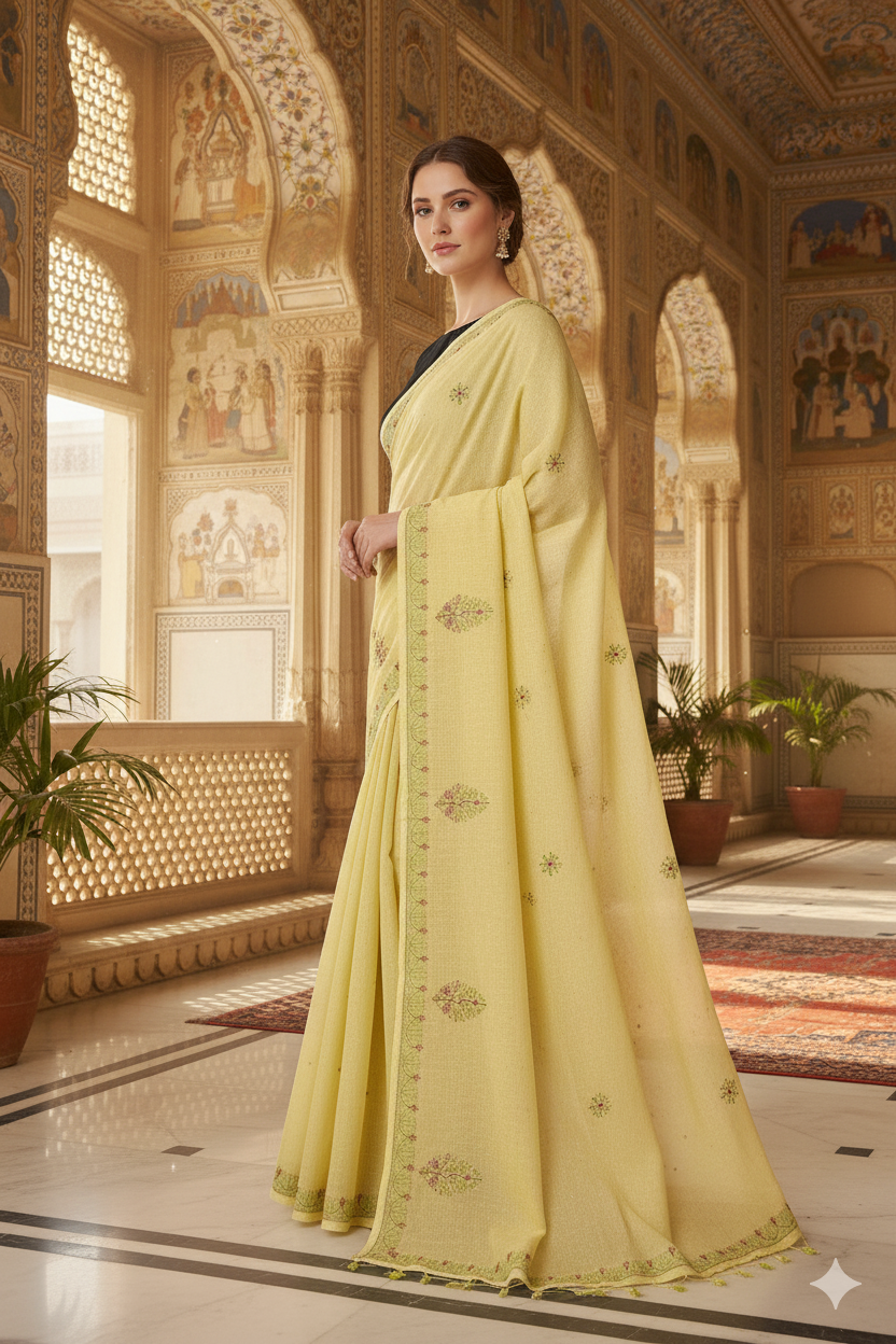 Silakaari Surajmukhi Yellow-Green Pure Cotton HandWork Lucknowi Saree