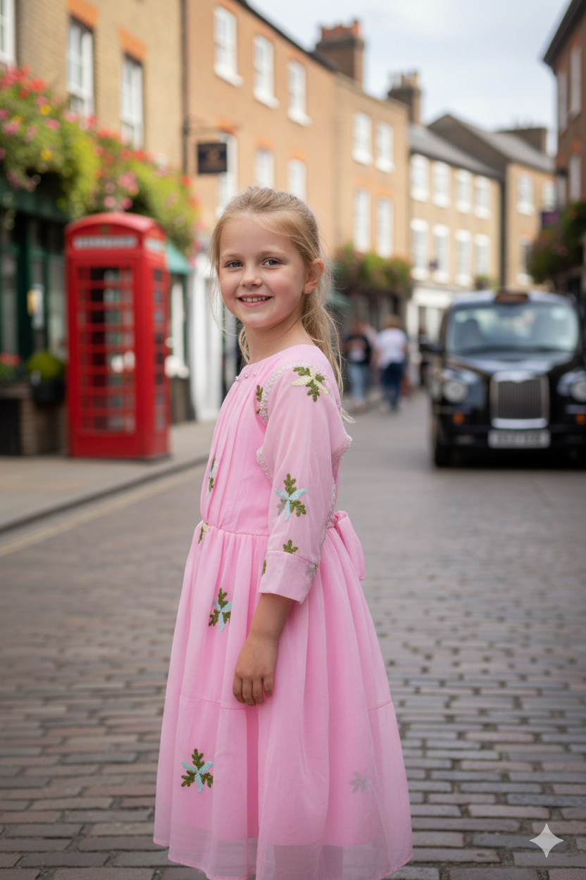 Silakaari Kids Pink Pearl Dress Floral Printed Cinderella Frock For Girls
