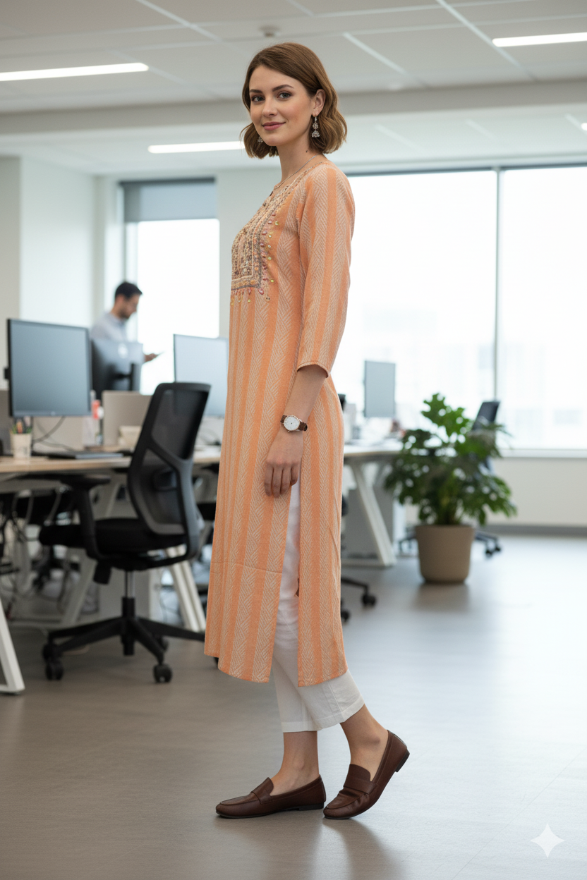 Silakaari Lutfiyah Peach Embroidered Rayon Long Kurti