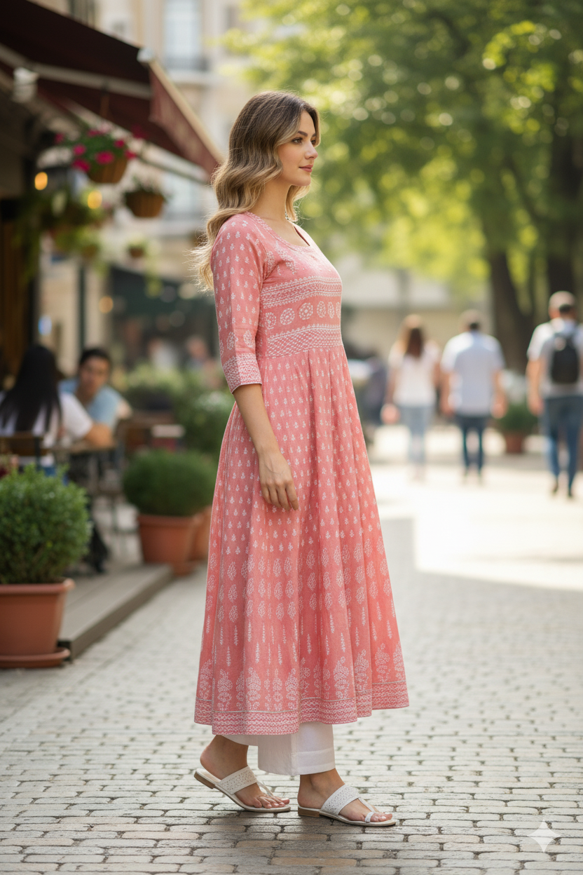 Silakaari Naima Peach Printed Floor Length Anarkali With Gotta Lining