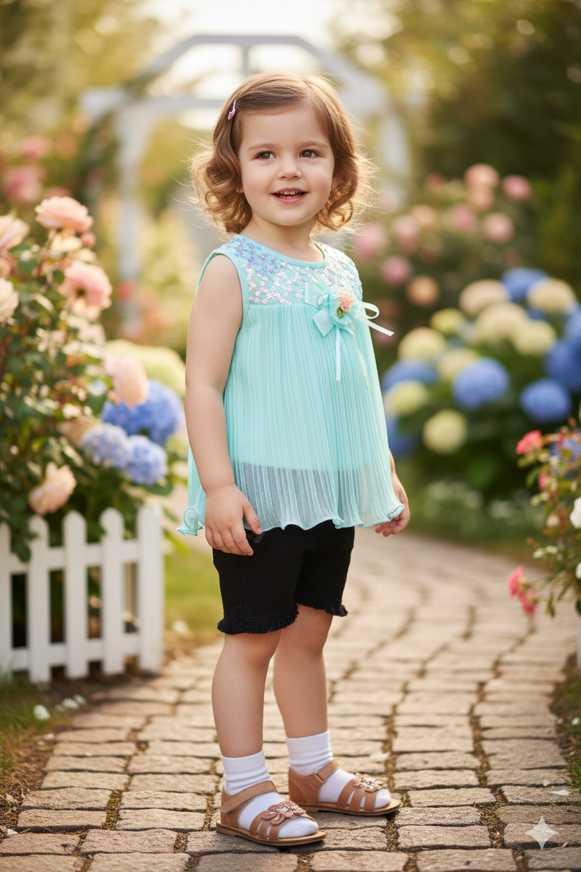 Silakaari Aisha Kids Fancy Sky Blue Stylish Sequnis Bow Top With Short For Girls