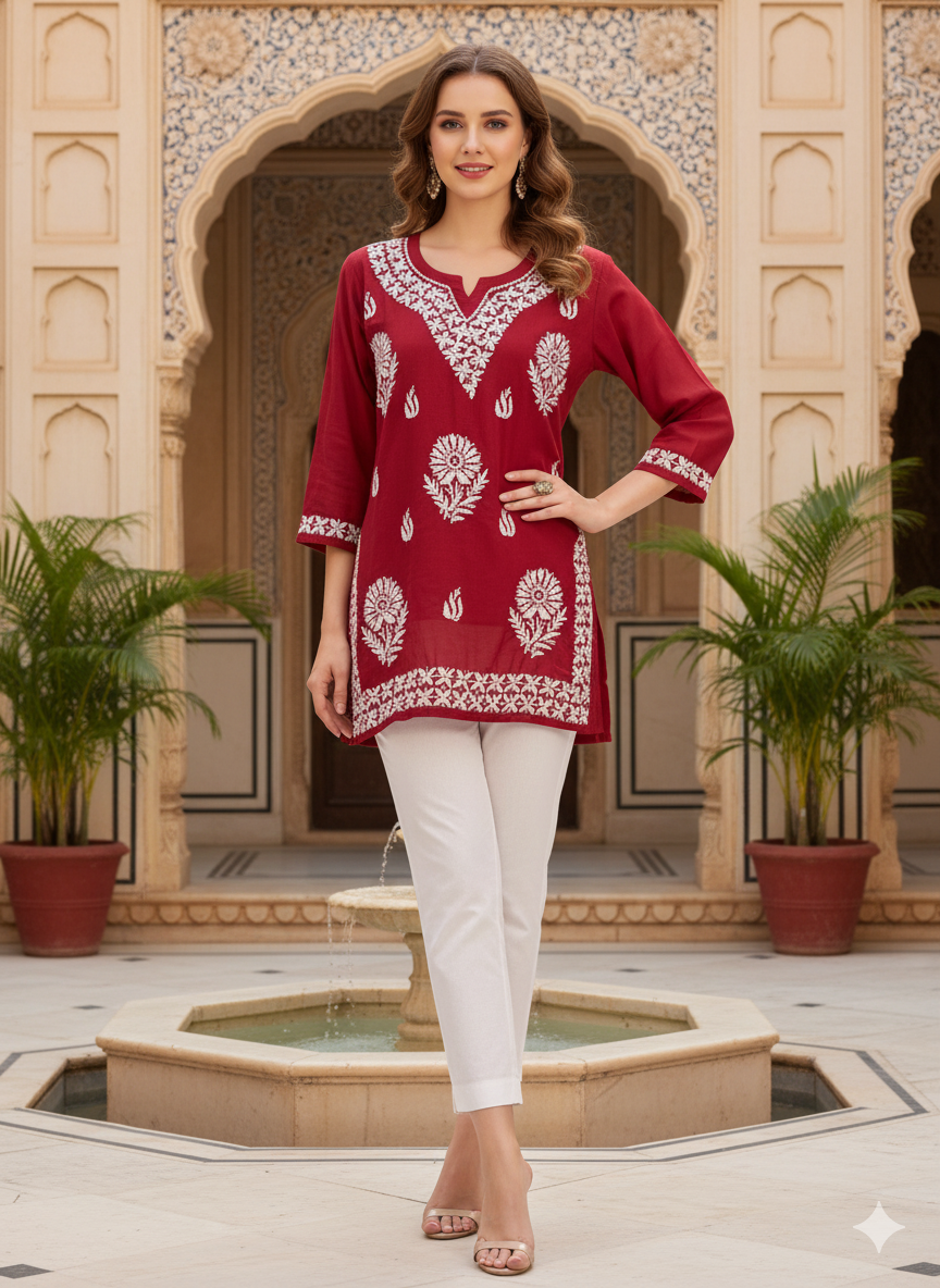 Silakaari Pure Muslin Maroon Heavy Lucknowi Straight Short Kurti With Pant Set