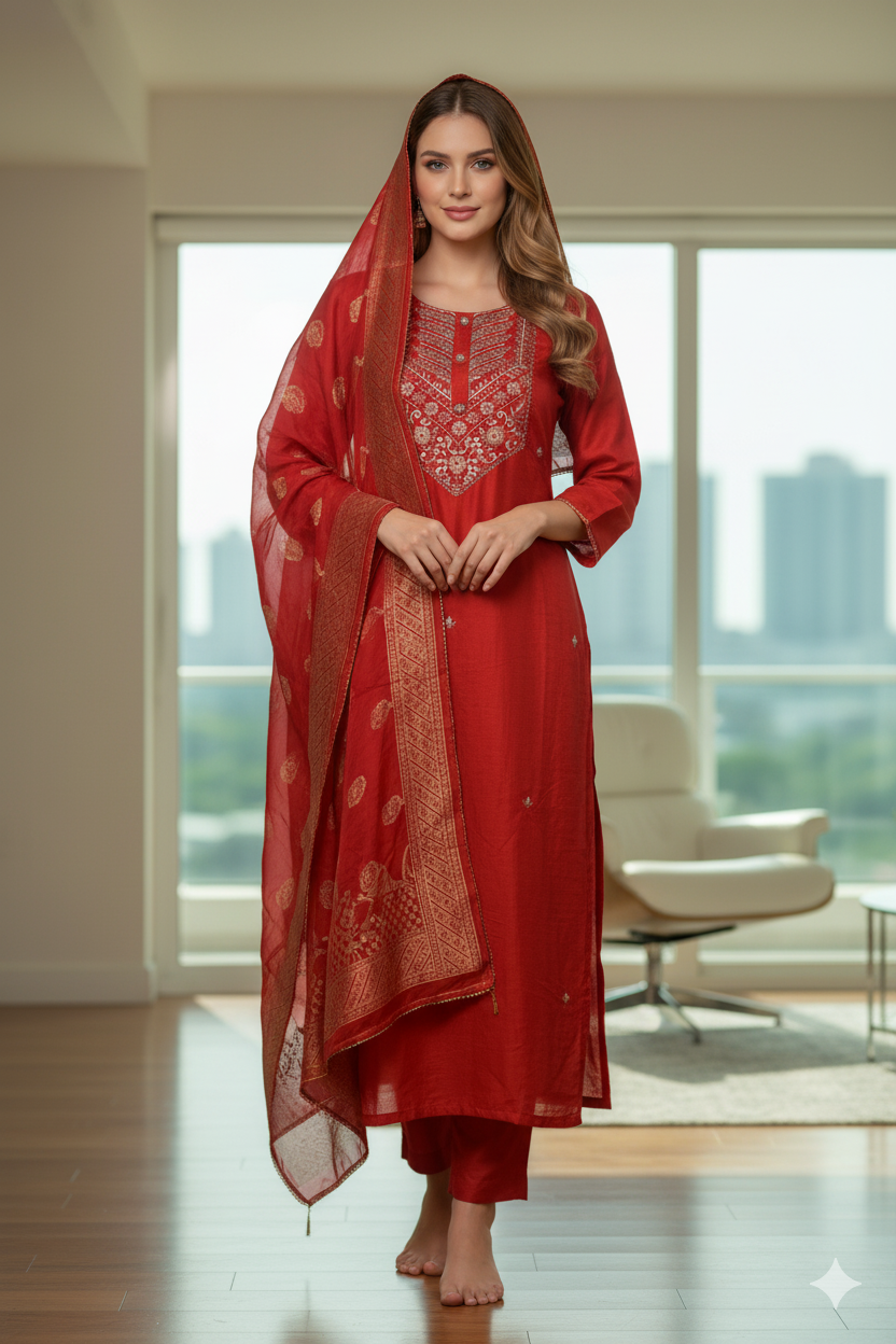 Silakaari Women's Dola Silk Heavy Gota Hand Work Kurti Pant Dupatta Set