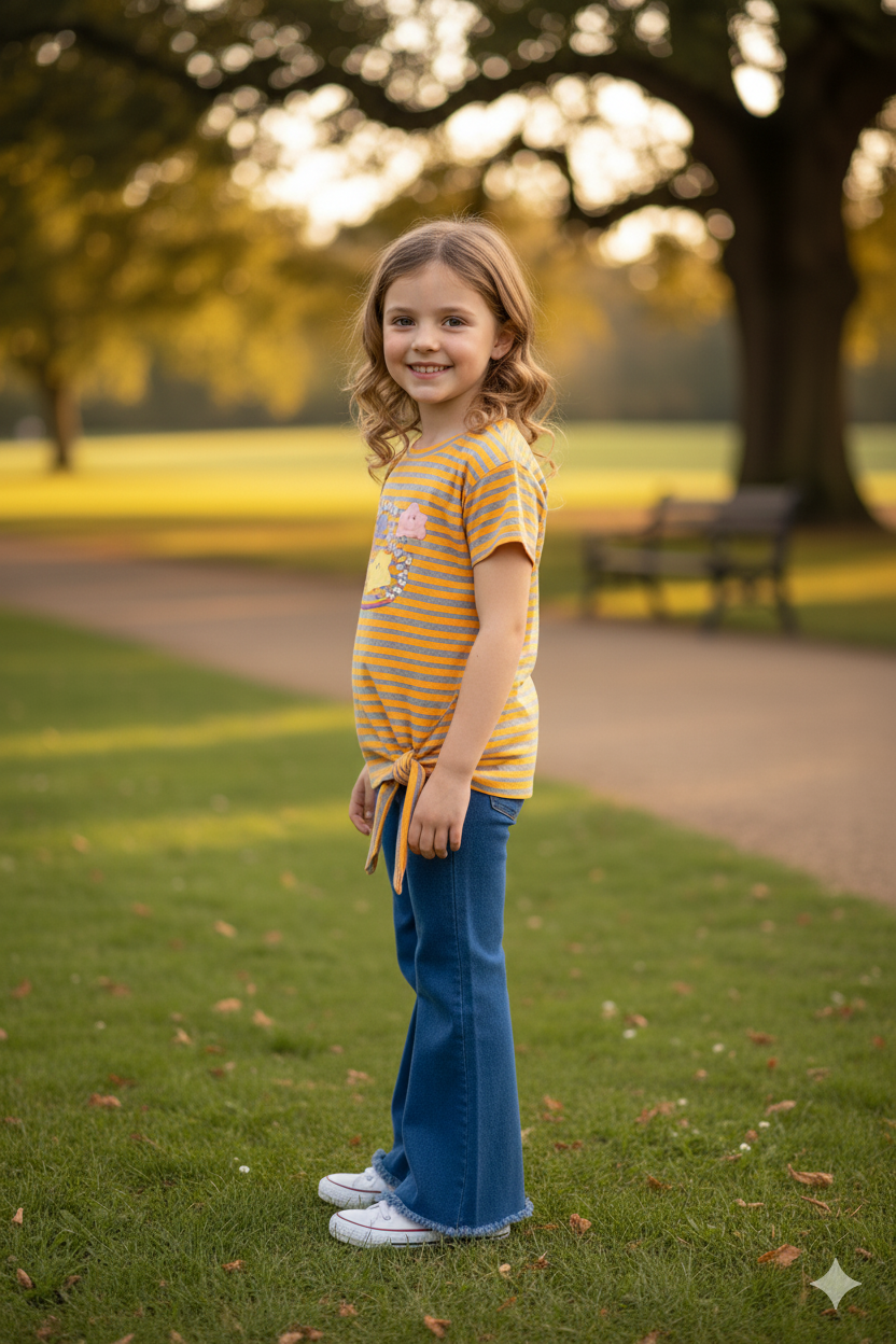 Silakaari Lara Mustard Striped T-Shirt With Bear Printed Denim Jeans Set For Girls