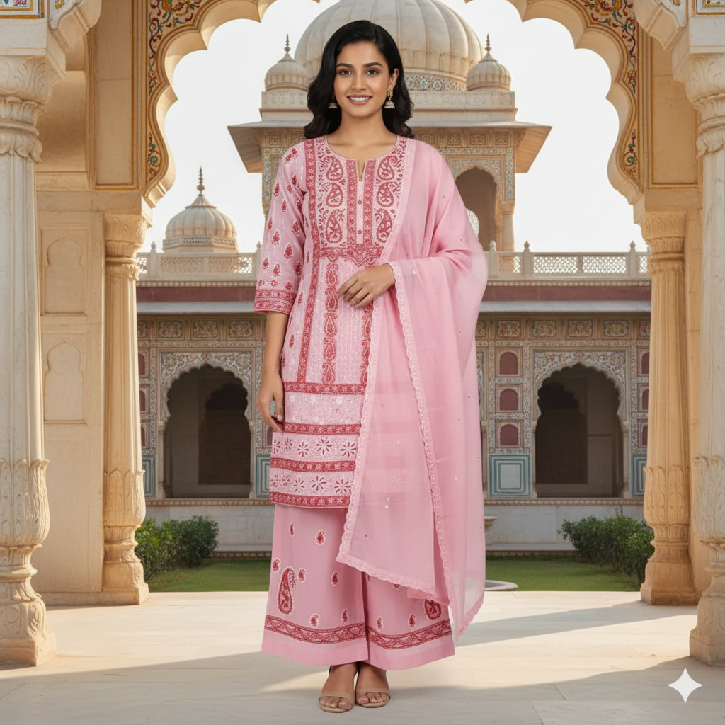 Silakaari Mehazabien Pink-Red Badla Mukaish Work Premium Handwork Unstitched Dress Material