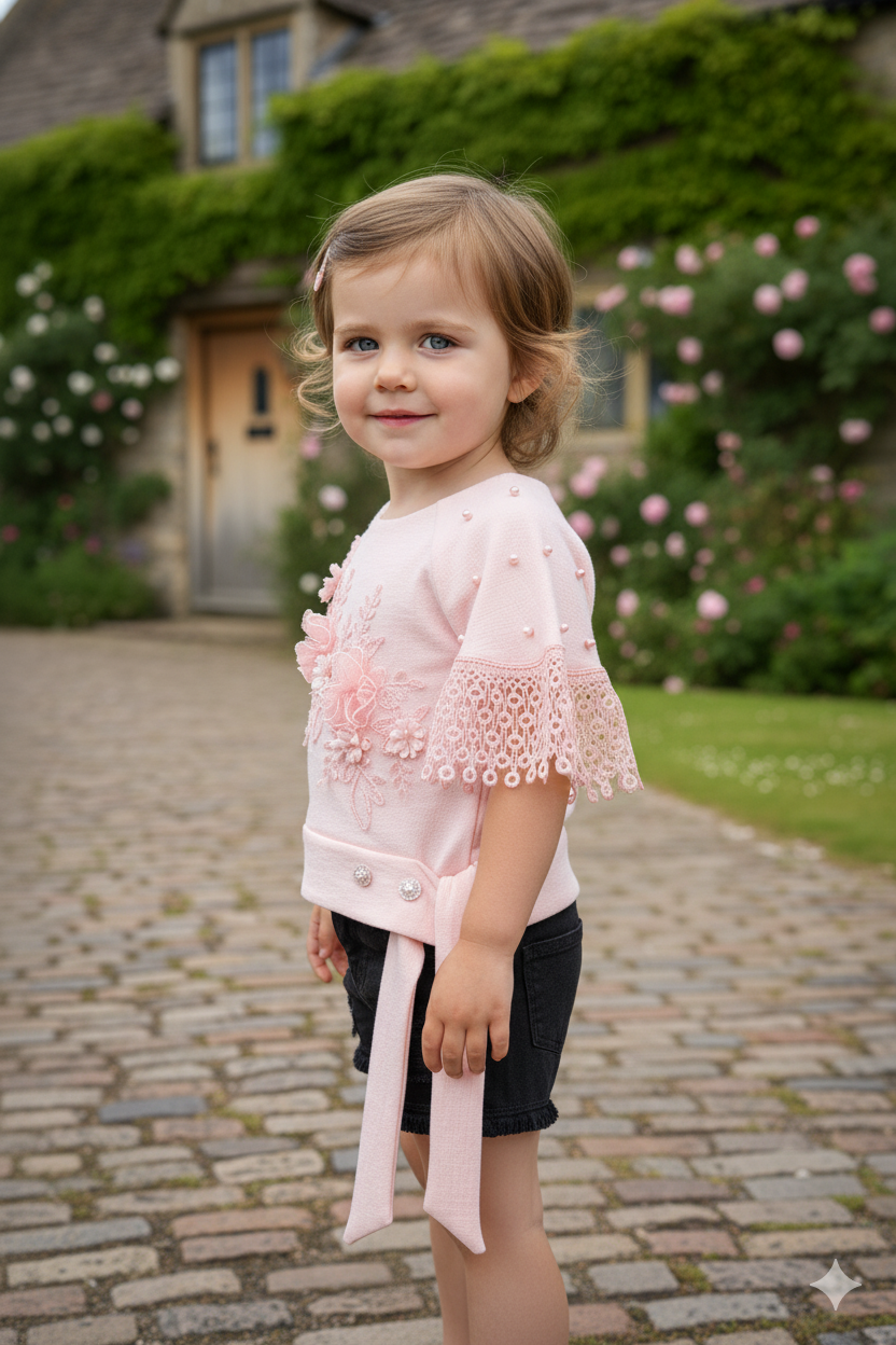 Silakaari Sophia Kids Pink Pearl Lace Flower Fancy Top For Girls with black short