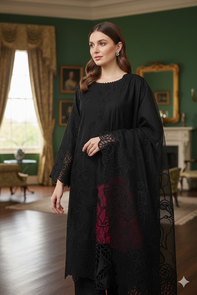 Silakaari Fakar Self Black Pure Hakoba Chikan Premium Patch Work Ready-Made Dress