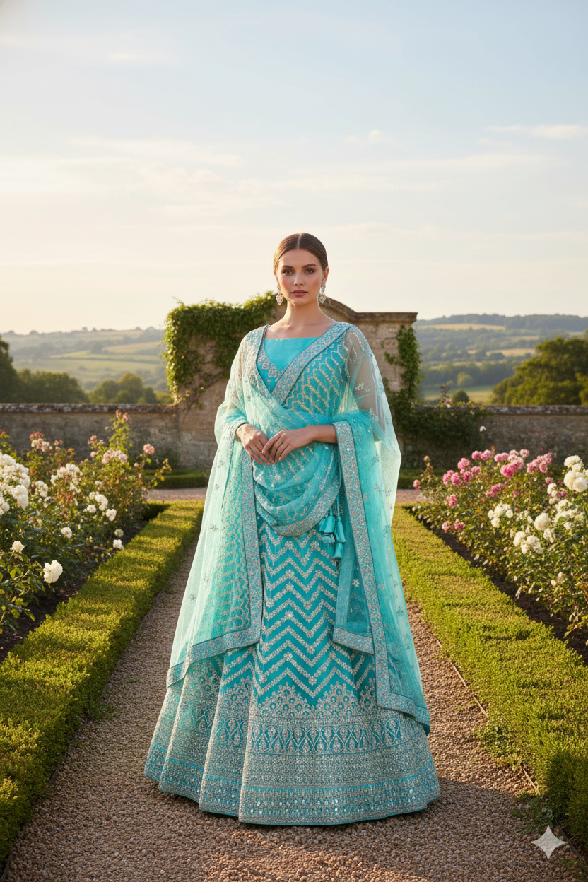 Silakaari Ferozi Zari Dimond Thread Work Net Party Wear Unstitched Lehenga Set