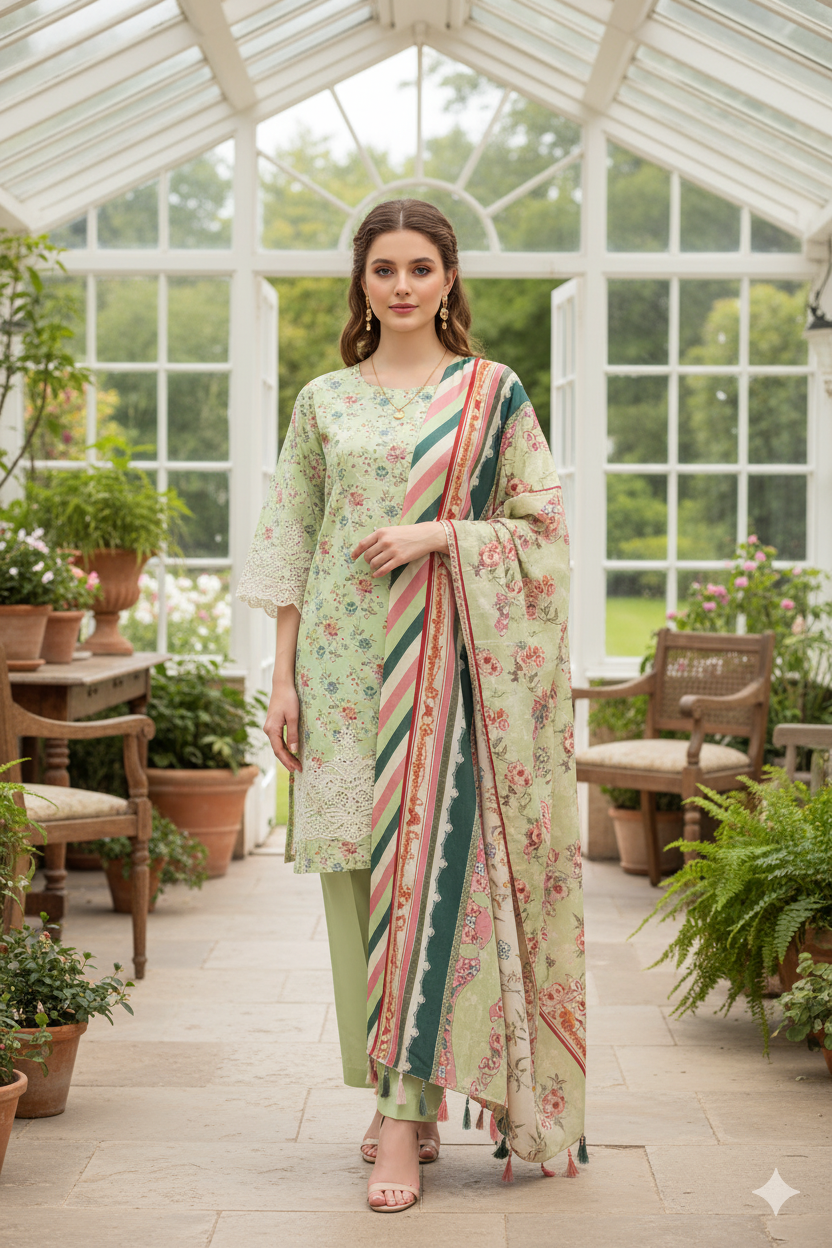 Silakaari Nawazish Pista Green Pure Lawn Chikan Cut Work Fancy Unstitched Suits