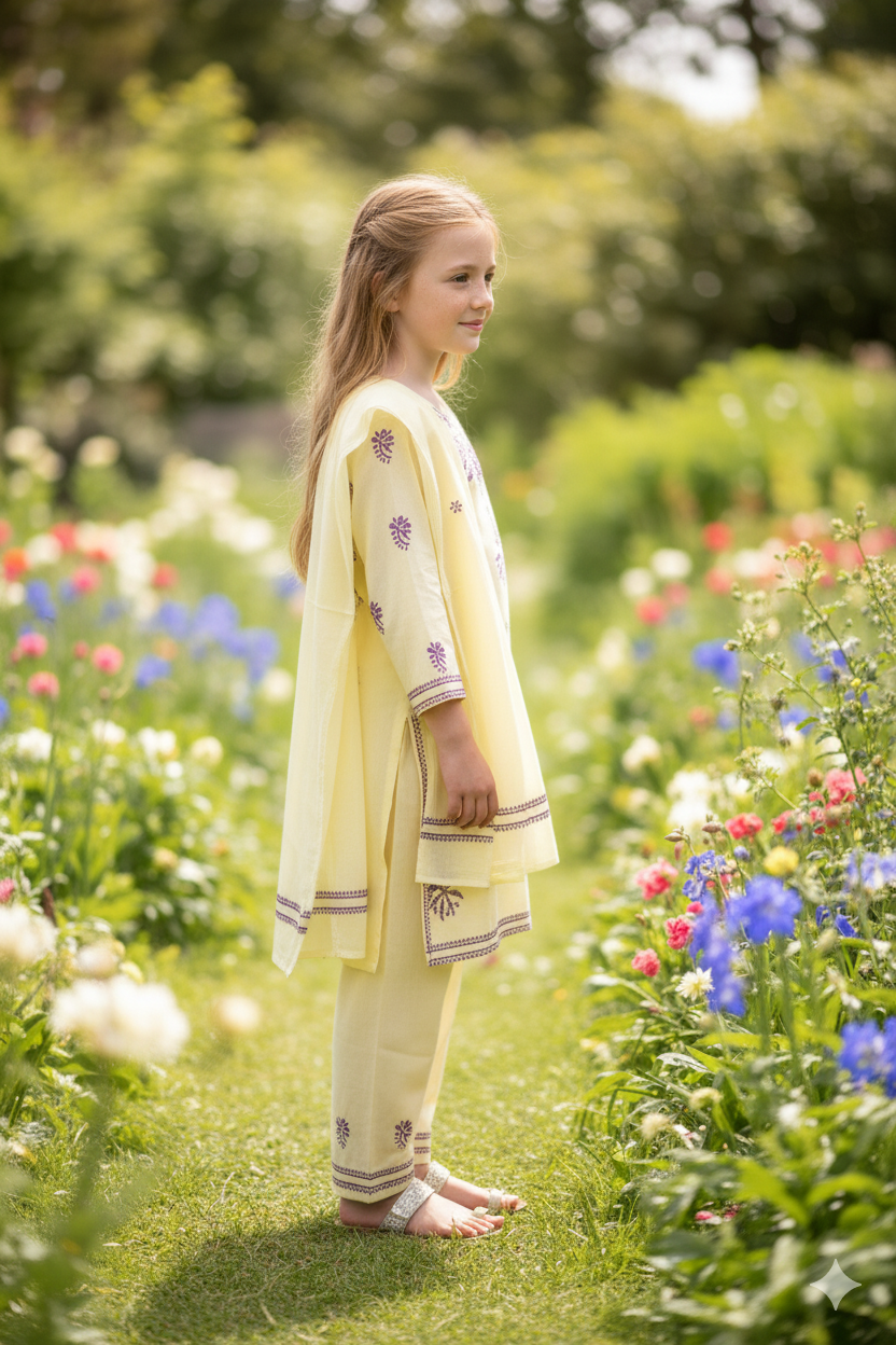 Silakaari Samaira Yellow-Violet Pure Cotton Lucknowi ChikanKari Kurti Pant With Dupatta Set For Girls