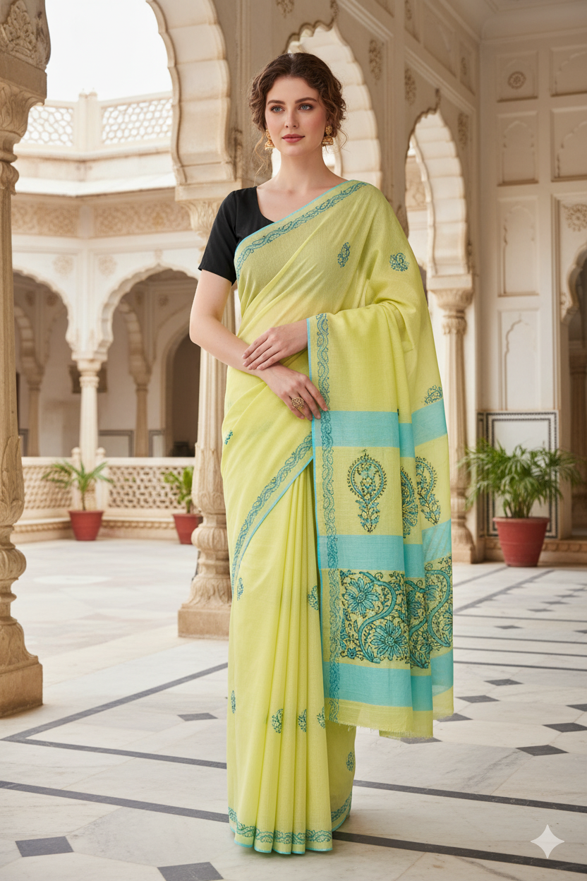 Silakaari Samiksha Green-Blue Patch work Pure Lucknowi Casual Wear Premium Saree