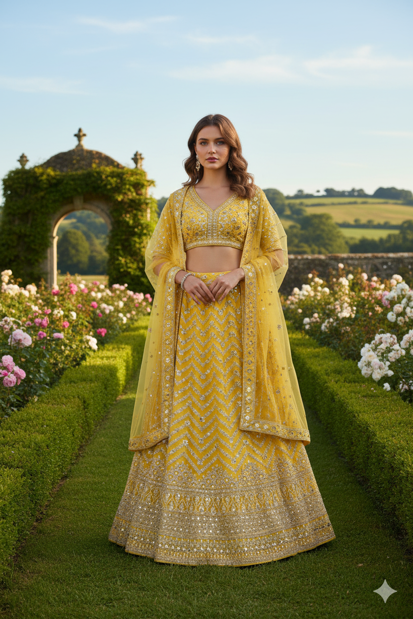 Silakaari Haldi Sun Yellow Zari Dimond Thread Work Net Party Wear Unstitched Lehenga Set