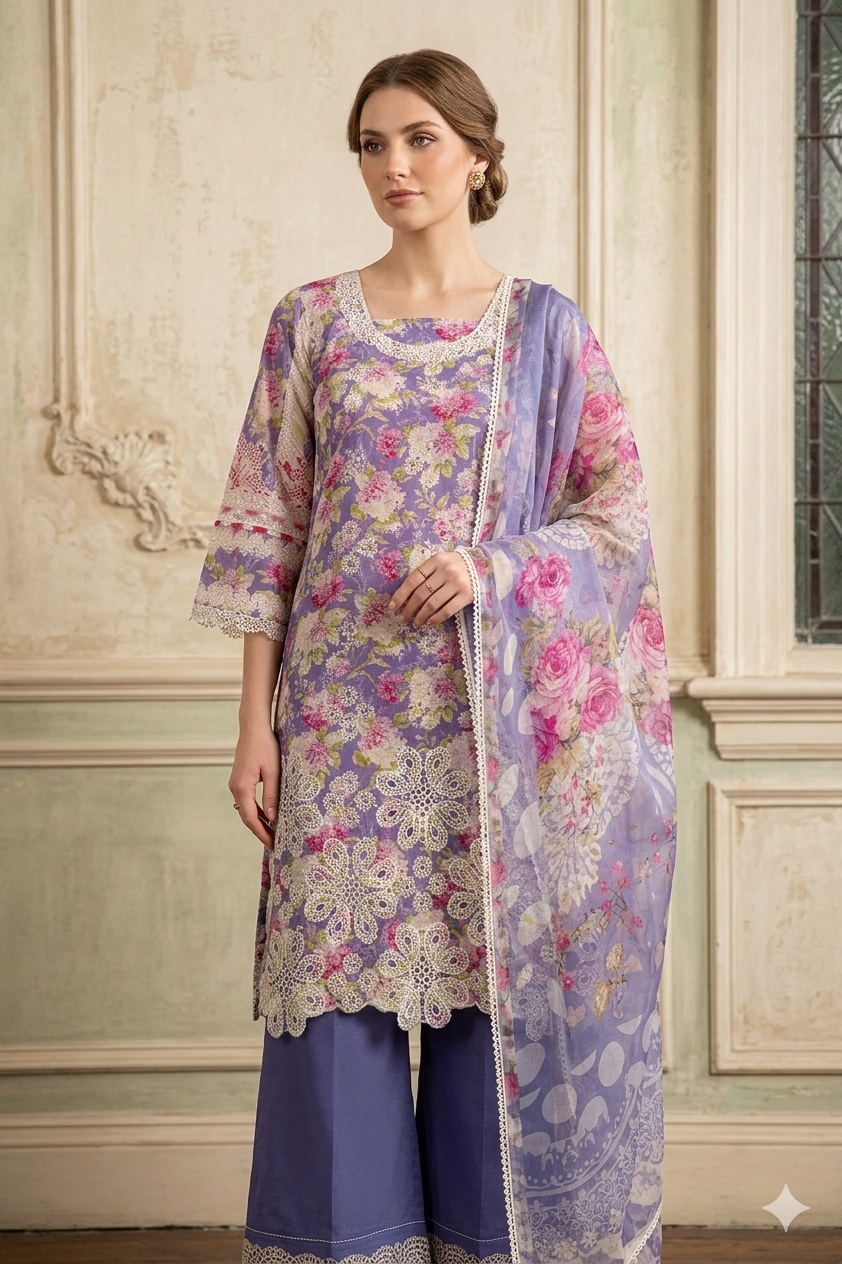 Silakaari Faraham Purple Pure Lawn Lacy Chikan Organza Patch Kurti With Semi-Palazzo Pakistani Ready-Made Dress