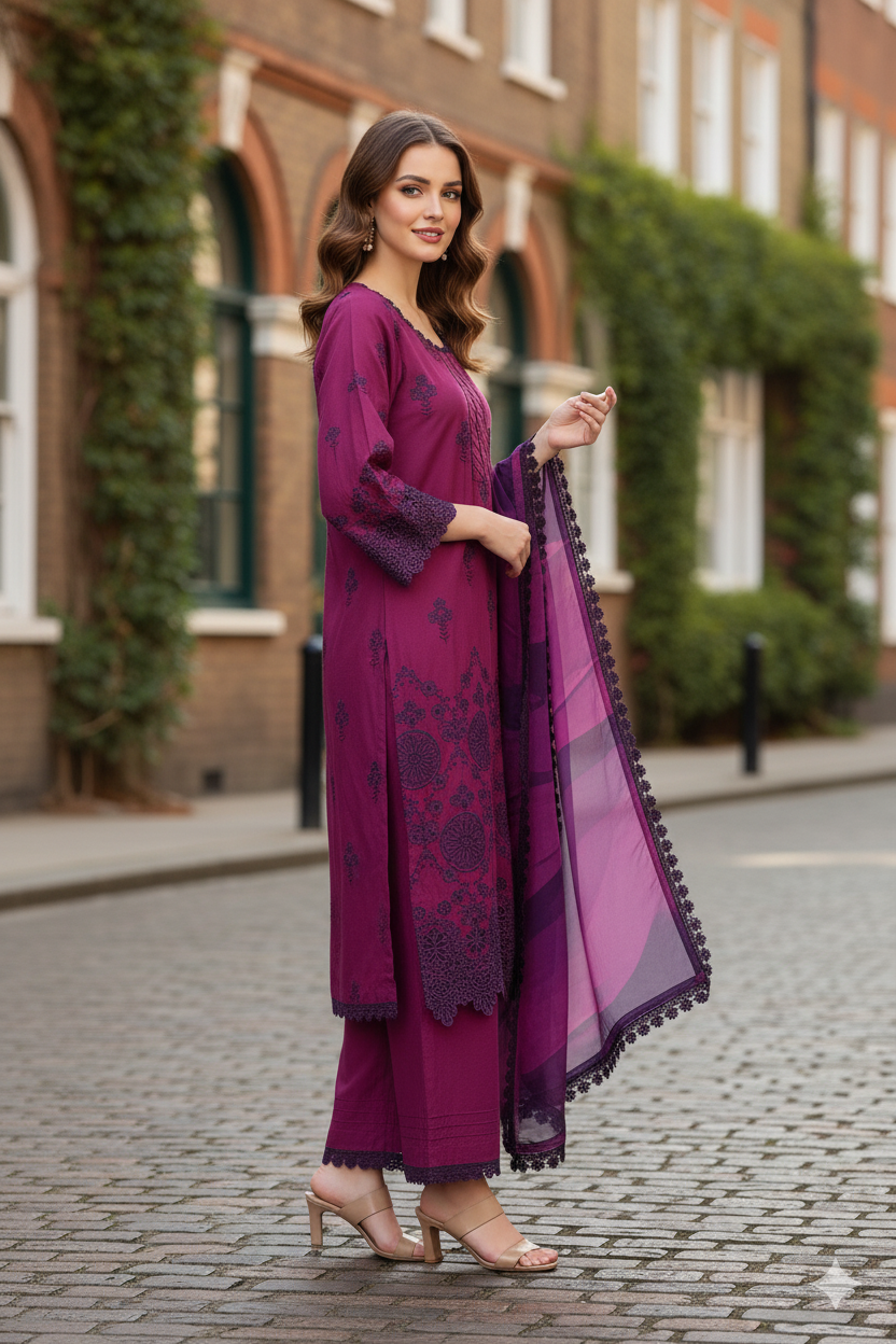 Silakaari Ehsaas Magenta Heavy Lacy Pure Lawn Sequin Embroidery Ready-Made Dress