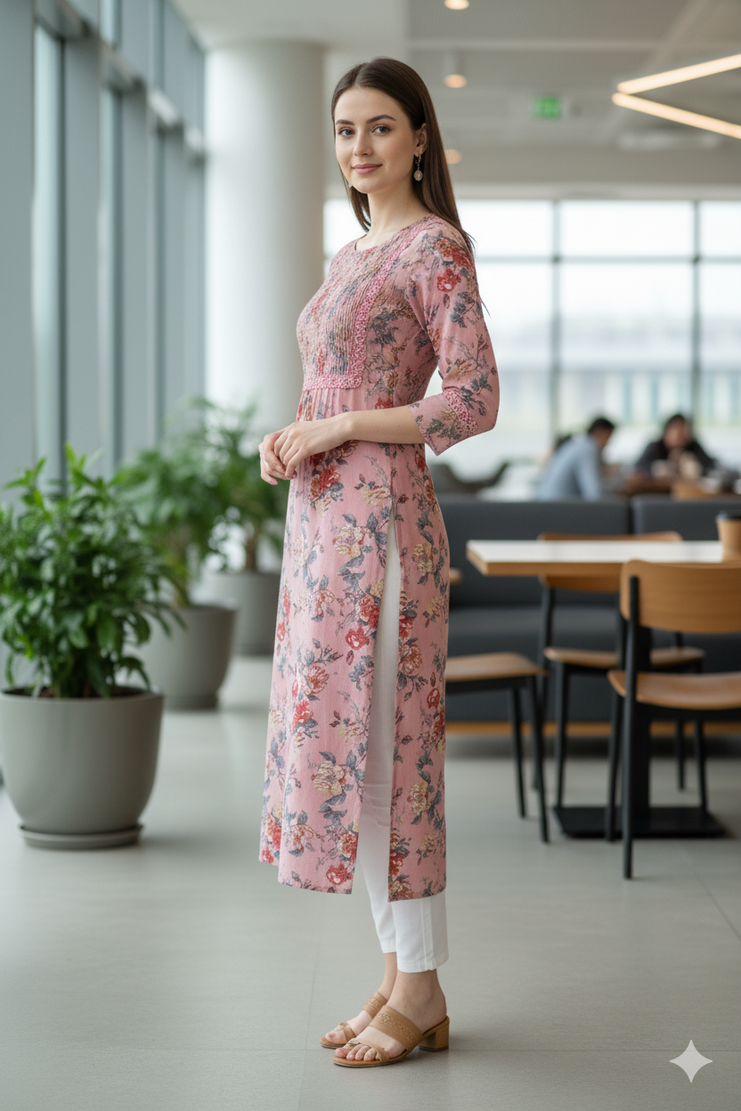 Silakaari Adeela Digital Printed Mirror Smocking Straight Long Kurti