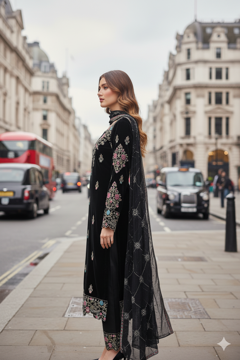 Silakaari Zubaan Pure Velvet Black Sequin Heavy Unstitched Suits