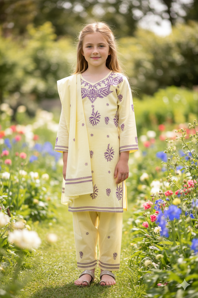 Silakaari Samaira Yellow-Violet Pure Cotton Lucknowi ChikanKari Kurti Pant With Dupatta Set For Girls