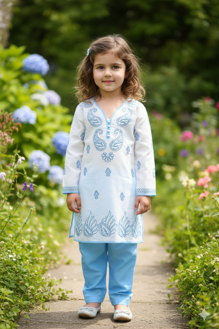 Silakaari Kids Pure Cotton Chikan Lucknowi Kurta Pajama Set For Girls
