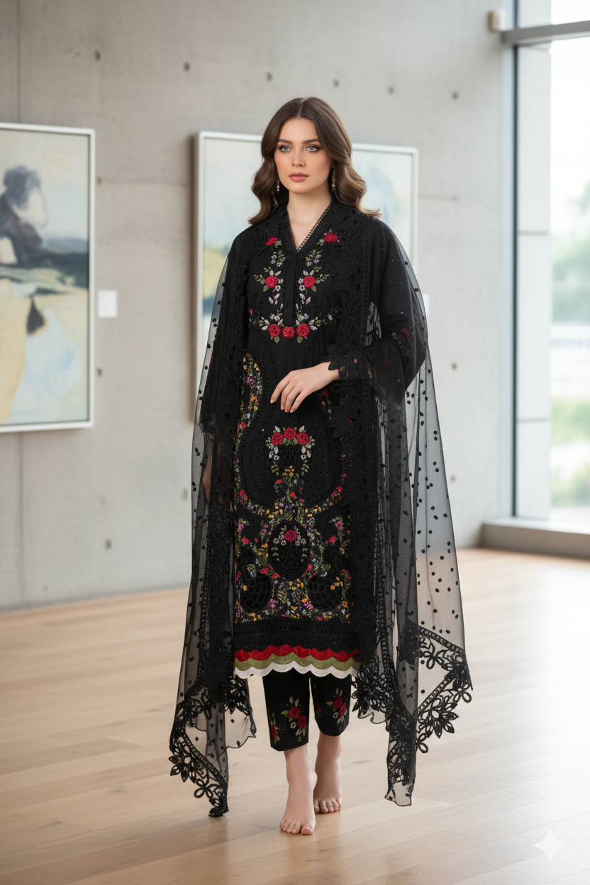 Silakaari Khilwat Pure Black Organza Heavy Embroidery Patch Work Ready-Made Dress