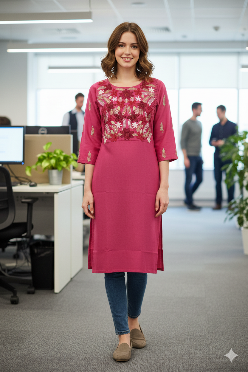 Silakaari Omera Pink loops Embroidered Long kurti