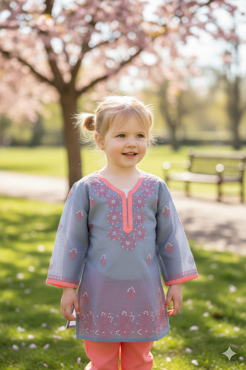 Silakaari Anam Grey-Pink Pure Cotton Lucknowi ChikanKari Kurti Pant Set For Girls