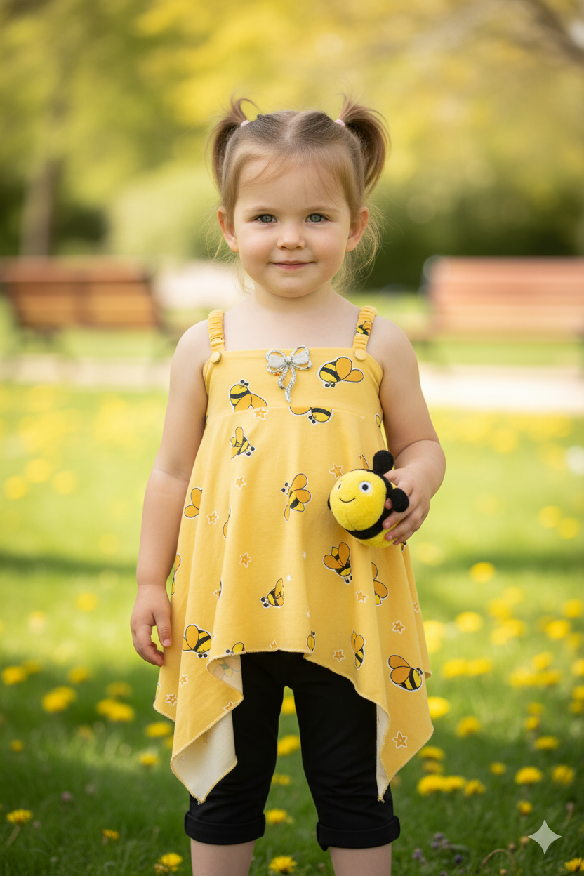 Silakaari Maryam Kids Honey Bee Printed Yellow Smocked Butterfly Top With Jeans For Girls