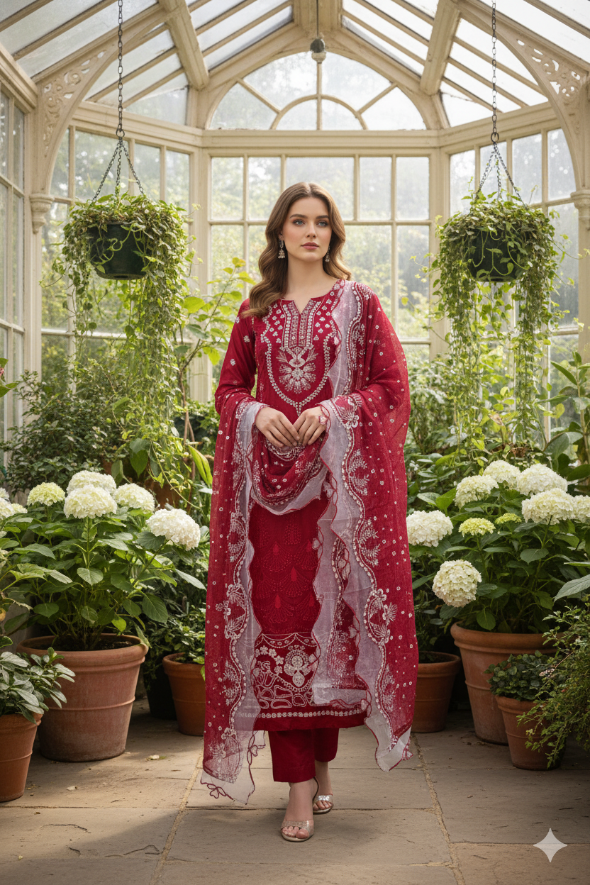 Silakaari Shehzadi Maroon-White Pure Lawn Organza Premium Unstitched Suits