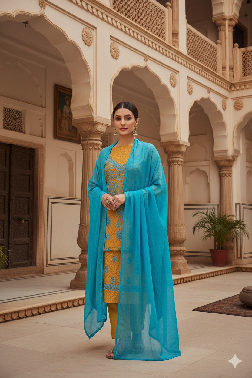 Silakaari Suhagan Beige-Blue Premium HandWork Lucknowi Chikankari Unstitched Dress Material