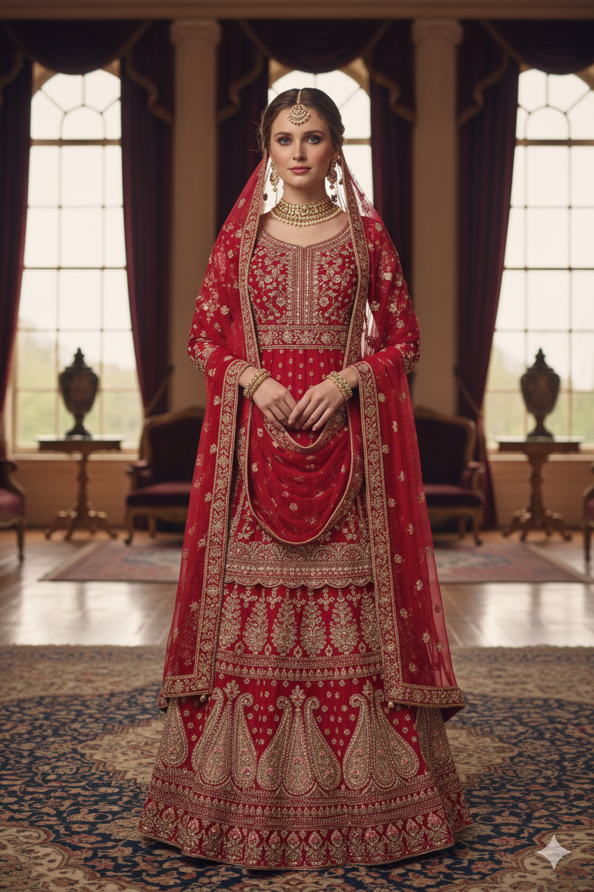 Silakaari Rani Velvet Bridal Lehenga with Zari, Zarkan & Cutdana Work