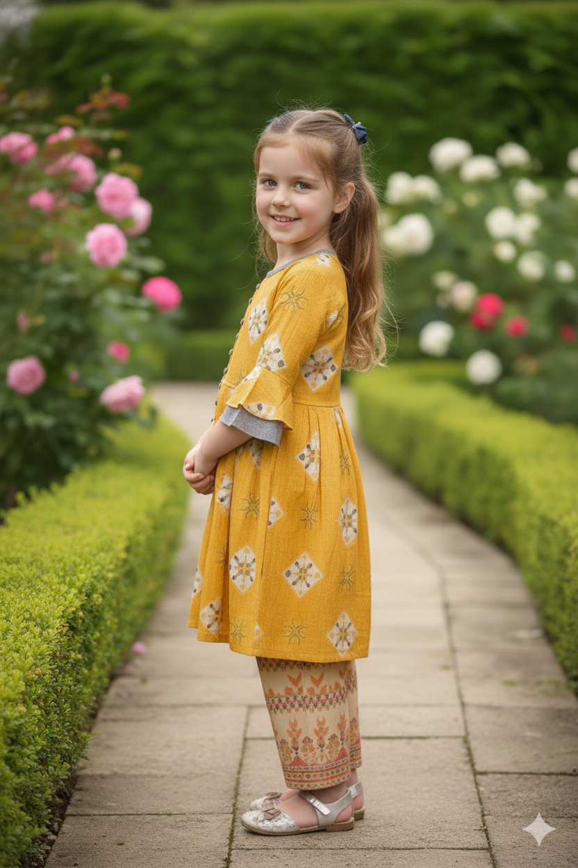 Silakaari Kids Bell Sleeve Foil Printed Palazzo Set For Girls