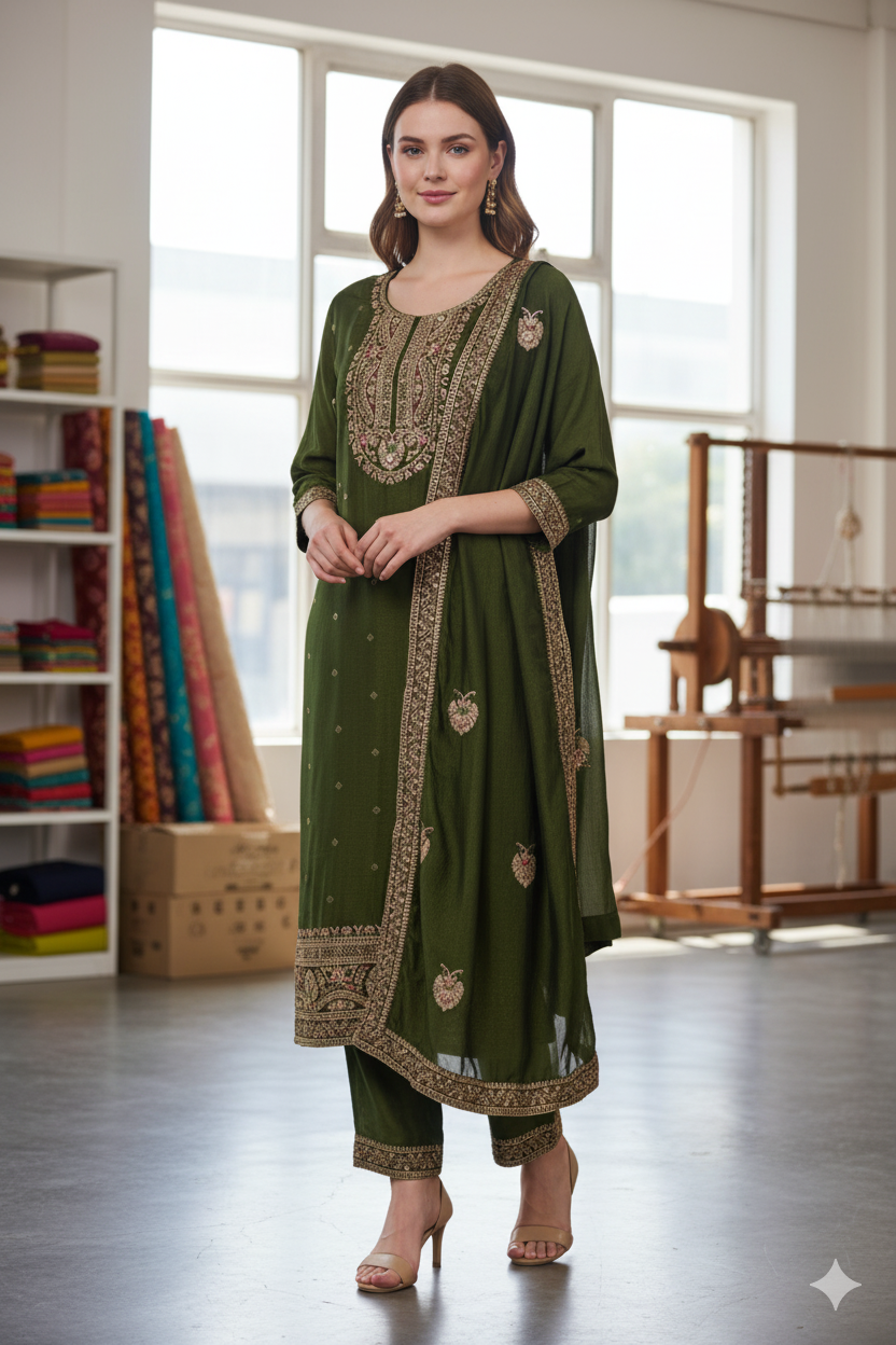 Silakaari Women's Vichiti Gold Sequins Heavy Kurti Pant Dupatta Set